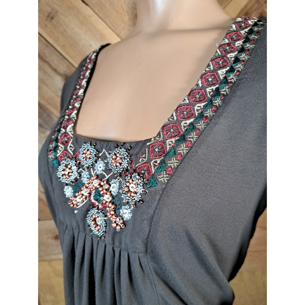 Ann Taylor Loft Petites Brown Embroidered Beaded Long Sleeve Top MP Boho Blouse